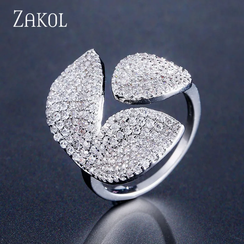 ZAKOL модный дизайн в форме листа открытые кольца AAA циркон микро проложить палец Anneaux ювелирные изделия для женщин свадьбы FSRP2033