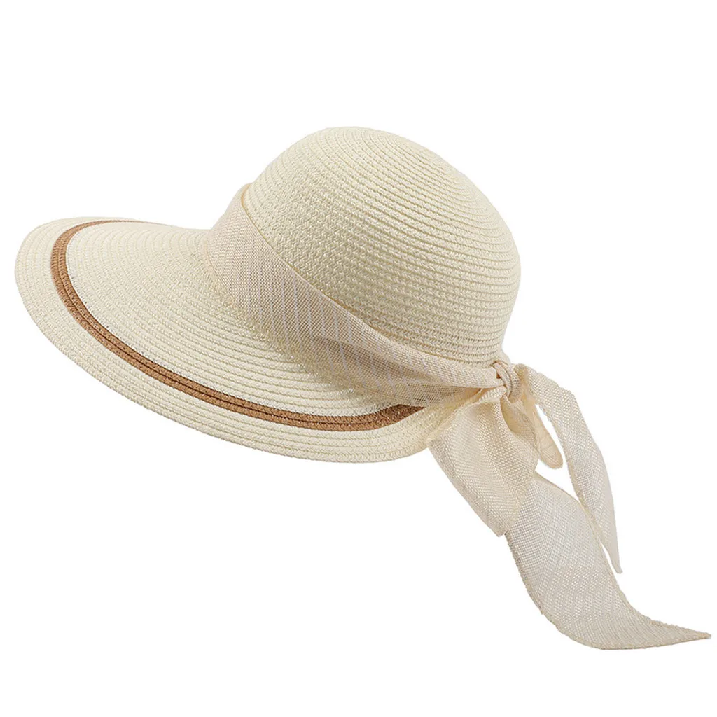 

2019 Wide Brim Boater Hat 15cm Brim Straw Hat Flat Women Summer Kentucky Derby Hat White Black Ribbon Tie Sun Hat Beach Cap