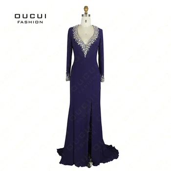

Jersey Fabric Deep V Neck Beadind handwork vestido longo Puper Color Long Sleeve Evening Dress OL102403