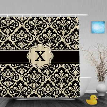 

Customized Shower Cutains Black Tan Damask Monongram Personalized Bathroom Shower Curtains Polyester Fabric With Hook