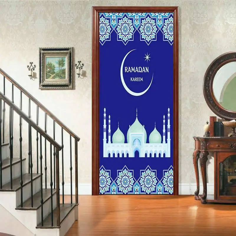 Дворец 3D мусульманских Happy ИД Мубарак двери Стикеры Рамадан украшения Гостиная Спальня двери Творческий дом Декор стены Стикеры - Цвет: AW705 blue