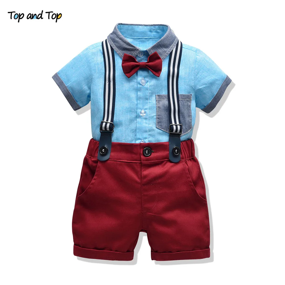Топ и топ, летний комплект одежды для маленьких мальчиков, рубашка с короткими рукавами и галстуком-бабочкой+ комбинезон, повседневный костюм из 2 предметов, праздничная одежда для маленьких мальчиков - Цвет: Небесно-голубой