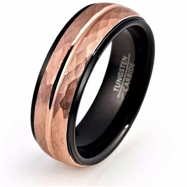 customized 8mm mens tungsten carbide wedding ring rose gold hammer surface black inside - Tungsten Carbide Wedding Rings customized 8mm mens tungsten carbide wedding ring rose gold hammer surface black inside - Tungsten Carbide Wedding Rings