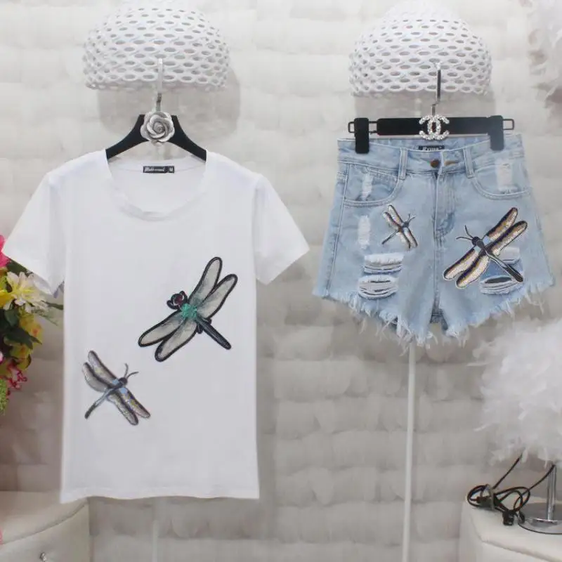 Zuolunouba الصيف الأزياء اليعسوب الترتر التطريز تيز قمم الإناث المد عالية الشارع محبوك قصيرة الأكمام النساء تي شيرت Zuolunouba الصيف الأزياء اليعسوب الترتر التطريز تيز قمم الإناث المد عالية الشارع محبوك قصيرة الأكمام النساء تي شيرت