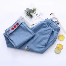 Симпатичные Кролик вышитые джинсовые брюки весна новые свободные хлопчатобумажные брюки керлинг Повседневный стиль джинсы женские ковбойские брюки gx236