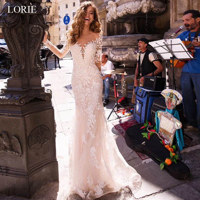 

LORIE Full Lace Mermaid Wedding Dresses 2019 Illusion Long Sleeve Applique White Bridal Gowns Customized Vestidos De Novia