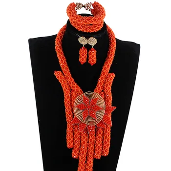 

Orange African Crystal Beads Balls Jewelry Bib Flower Shape Pendant Necklace Set Wedding Bead Women Jewelry Set PJW146