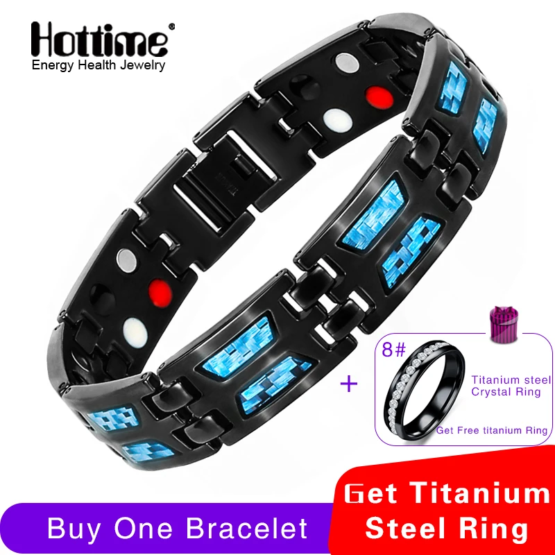 

Hottime Double Row 4 IN 1 Bio Elements Energy Bracelet Blue Carbon Fiber Magnetic Titanium Bangles & Bracelets Gift for Man
