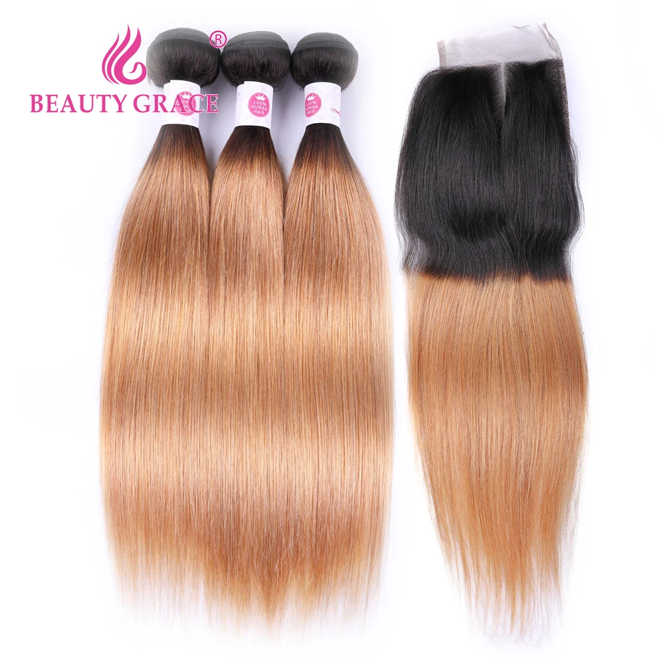Beauty Grace Ombre Bundles With Closure Brazilian Straight Human Hair Bundles With Closure Weave NonRemy 3 Bundles With Closure