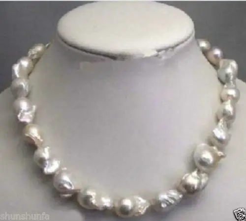 

FREE SHIPPING>>>@@ SA Large 15-23mm White Unusual Baroque Pearl Necklace disc Clasp 18