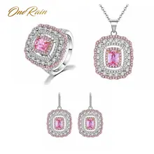OneRain, Ретро стиль, 925 пробы, серебряный комплект, розовый сапфир, драгоценный камень, ювелирные наборы, ожерелье/серьги/кольцо, вечерние, для коктейля