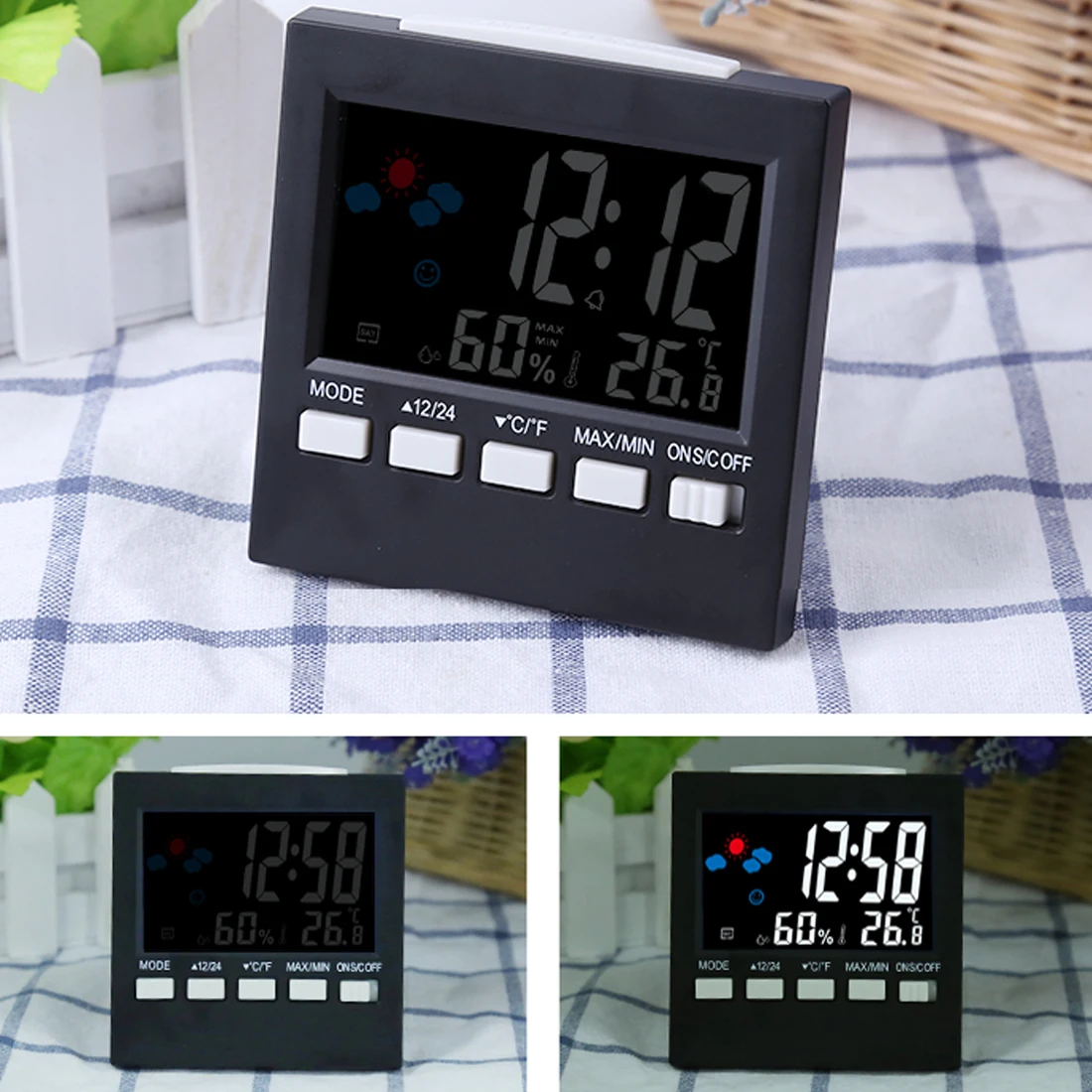 

Multi-use Digital Thermometer Hygrometer Colorful LCD termometer Clock Alarm Snooze Function Calendar Weather Forecast Display