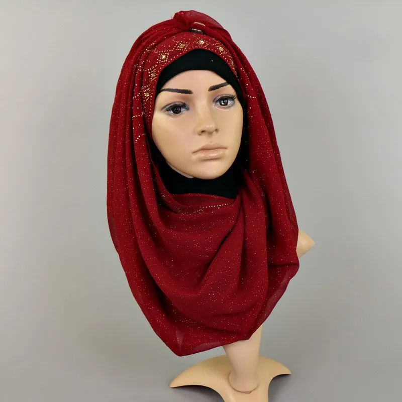 Мусульманские, однотонные шифоновые шарфы с блестками, цветочные банданы, мгновенный химар хиджаб, Арабские исламские молитвенные шали, исламские головные уборы YS223