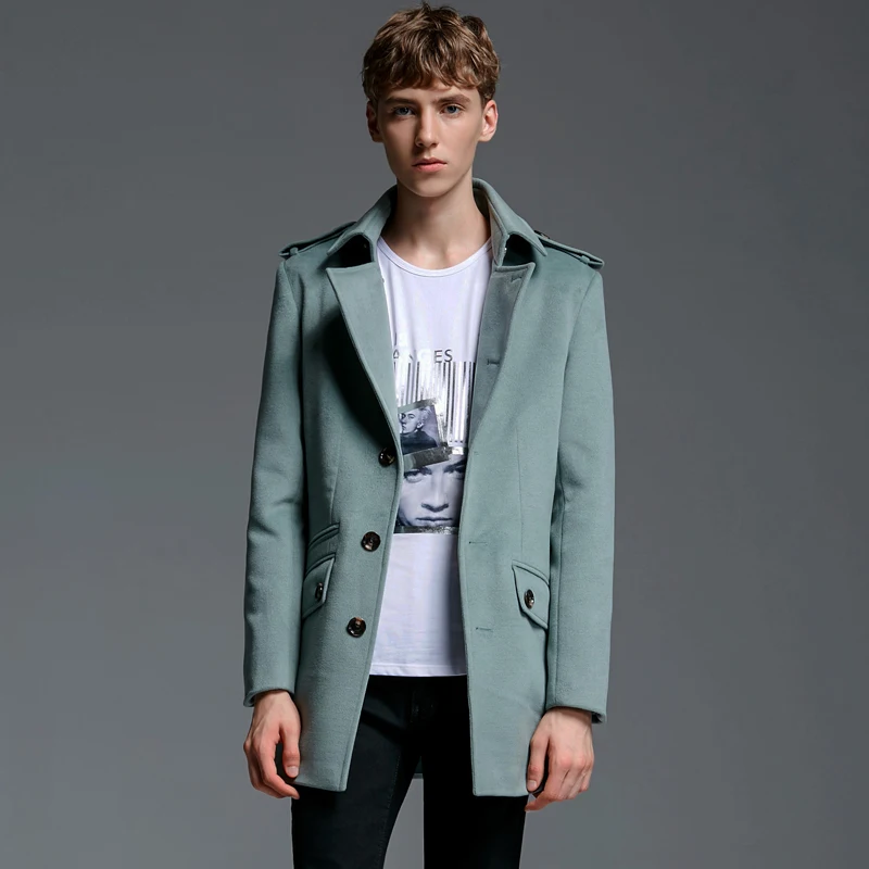 À Mode 2019 Pochettes Poitrine Décontracté Solide Hiver Mélanges La Laine Armée Unique Grande Slim down Col Turn Taille Manteau De Hommes Court ZikXOPu