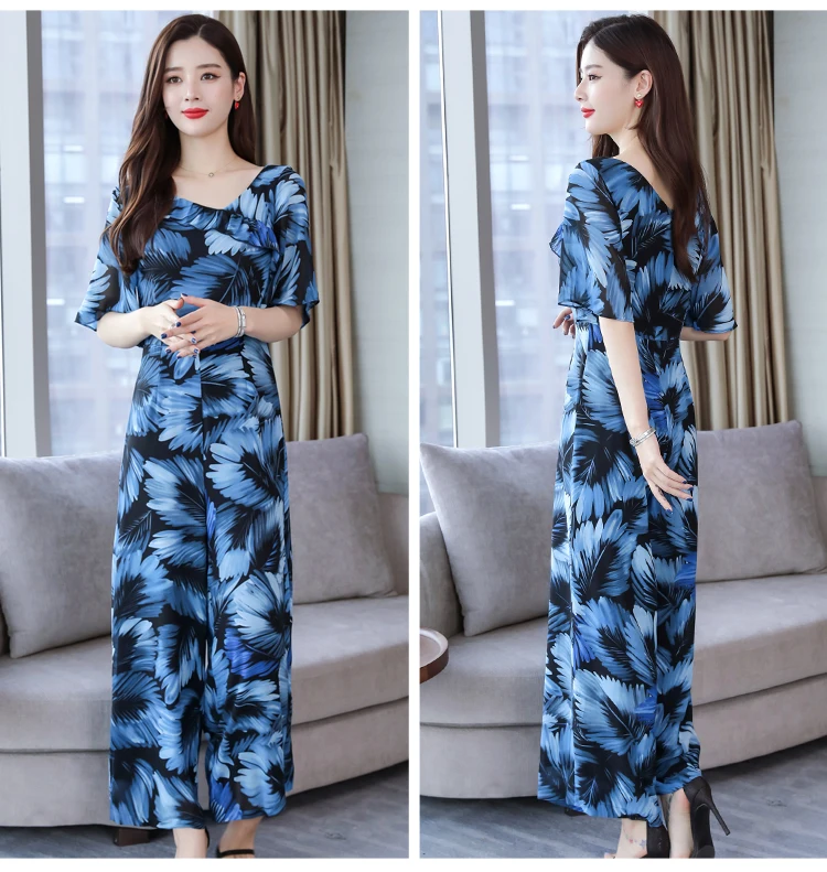 

2019 spring new one-piece long section slim high waist printed chiffon one-piece wide-leg pants women