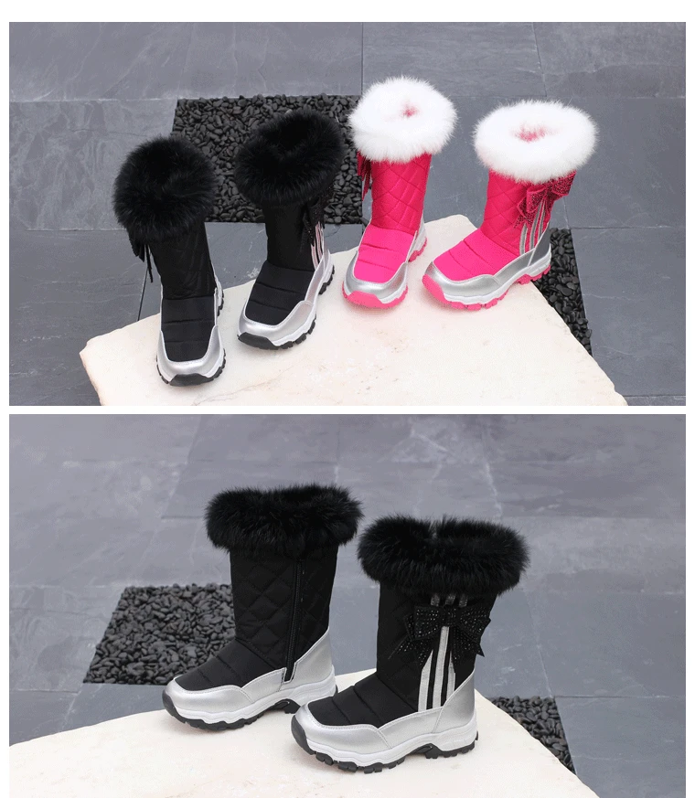 Ботинки из микрофибры и брезента с бантом для девочек; коллекция 2019 года; Новинка; Зимние Детские Водонепроницаемые зимние ботинки;