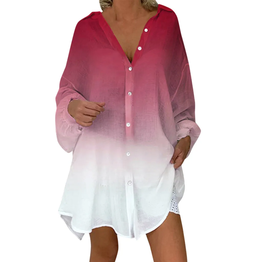 

YOUYEDIAN Fashion Woman Blouses 2019 Casual Gradient With Button Tunic Shirt Loose Irregular Long Sleeve Blouses blusas mujer