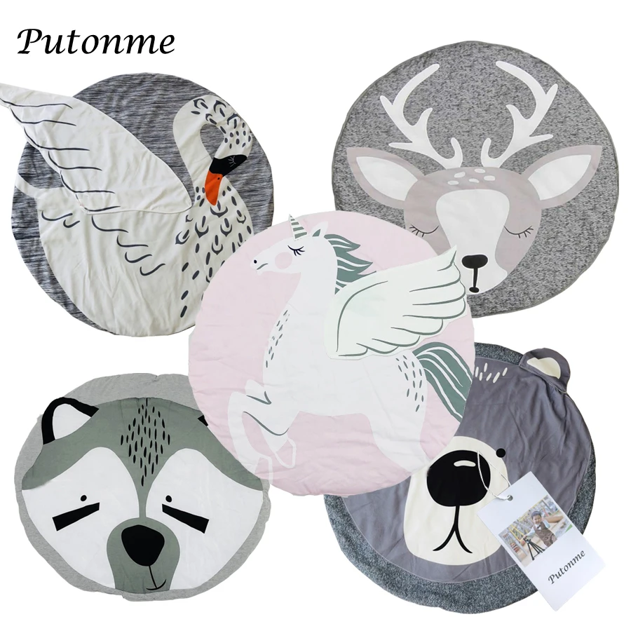 

Putonme Baby Play Mats Carpet Kids Room Giraffe Lion Animal Soft Cotton Crawling Mats Round Floor Rug Playmats for Baby Gym Mat