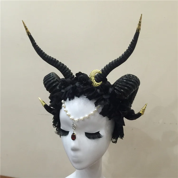 Gothicpunk Ram ободок с рогом с Луной стимпанк аксессуары для волос Роговая повязка с цветами рога головной убор аксессуары для волос