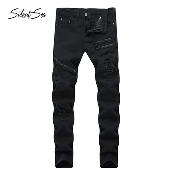 

Silentsea Plus Size 28-42 Man Jeans High Stretch Straight Long Slim Trousers Fashion Casual Black Denim Male Business Jeanswear