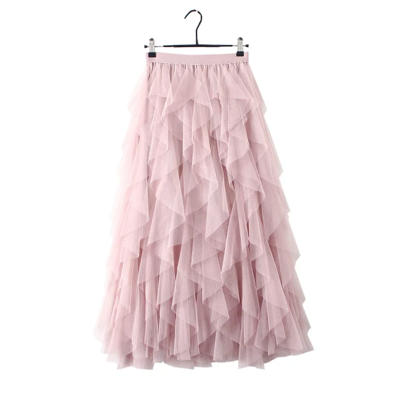 

2019 Spring New Arrival Fashion Slim Gauze Splicing Ruffles Irregular Skirt Elastic Waist Faldas Largas Elegantes Free Shipping