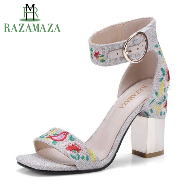 

RAZAMAZA Size 34-43 Vintage Women National Style Real Genuine Leather High Heel Sandals Flower Ankle Strap Thick Heel Sandals