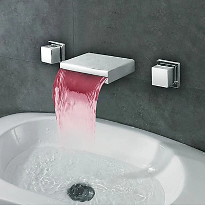 Brass Led Waterfall Bathroom Faucet Temperature Controlled Inwall Mixer Taps Valve
