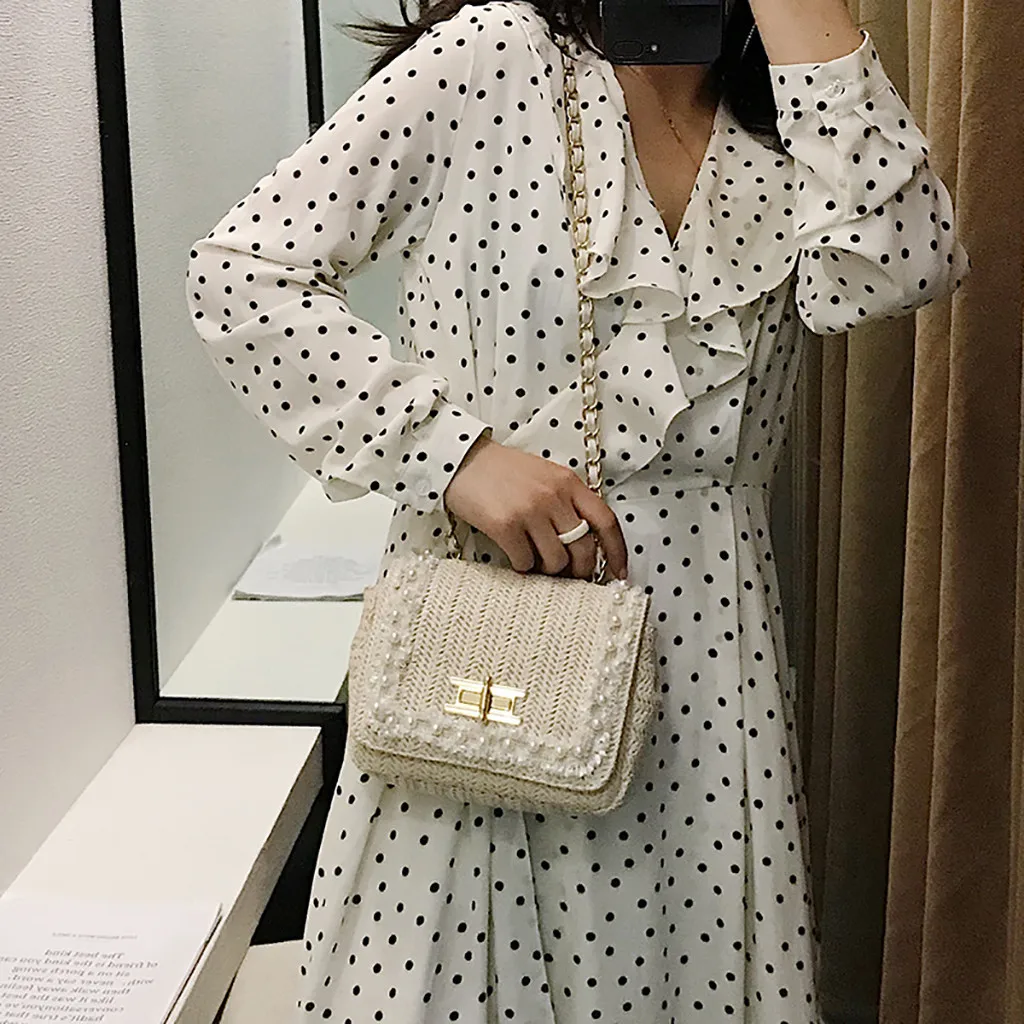 

Women straw shoulder bag Handbags Chain Strap Pearl Crossbody beach bags Fashion Shoulder Bag Summer Woven Rattan Bag Bolsos