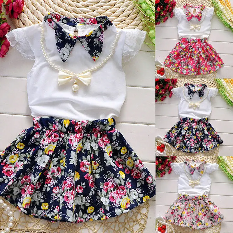 

3PCS Kids Baby Girls Summer Clothes Tops T-shirt+Flower Skirts Dress Outfits Set