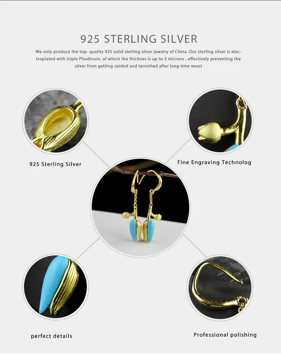 Высокое качество Бирюзовая капля цвета золота серьги драгоценные камни ювелирные изделия 925 стерлингового серебра серьги для женщин тонкий цветок тюльпана SE95