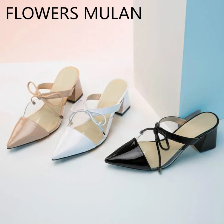 

Beige Black White Patent Leather Women High Heels Pointed Toe Transparent PVC Upper Slip On Mules Chic Bowtie Slippers Slides