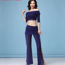 Костюм для танца живота Набор Женщины Mesh Top+ брюки Женщины Сексуальная практика танцевальные костюмы Одежда для танцев живота
