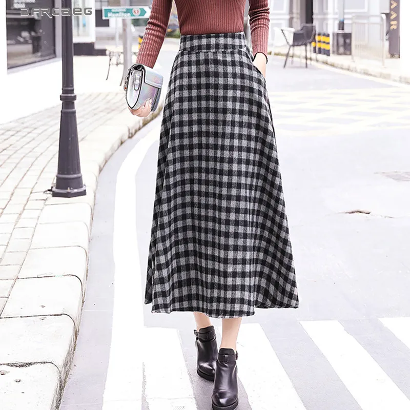 

High Waist Women Wool Long Skirts 2019 Autumn Winter Fashion Plaid Vintage Woolen Skirt Streetwear Casual Warm Female Saia Longa