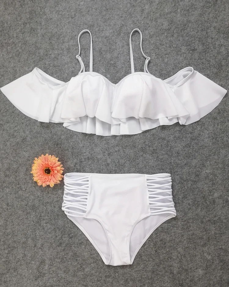 

Female bikini swimsuit with large size and high waist with steel bracelet on the edge of lotus leaf