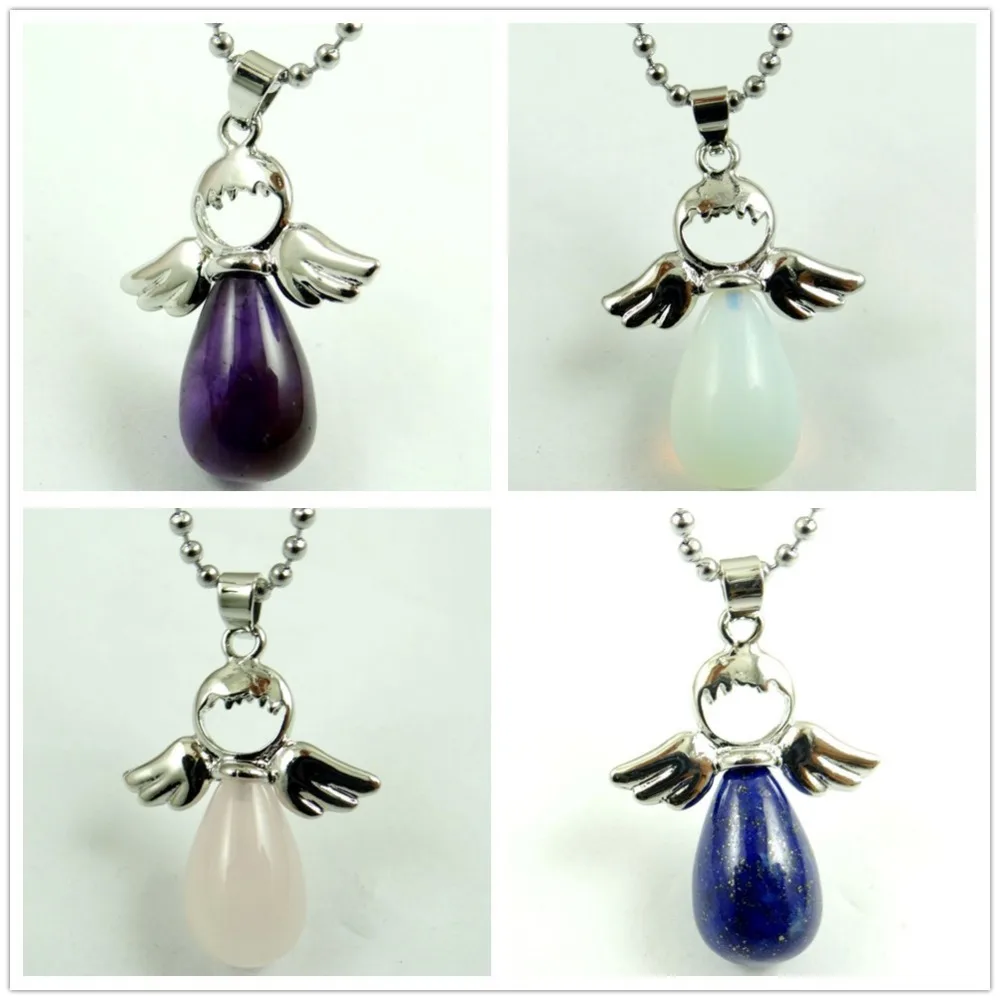 

Natural Stone Quartz Crystal lapis Turquoises Angel Wings Fairy Water Drop Shape charm Pendants for diy Jewelry making Necklace