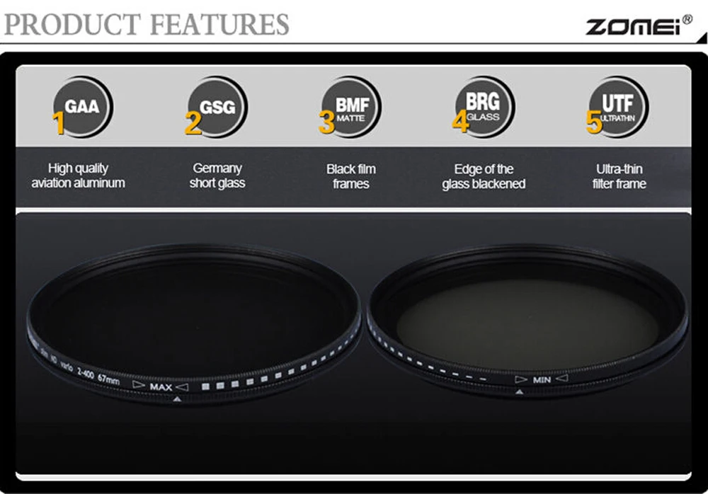 Zomei 49 52 55 58 62 67 72 77 82 mm Fino Fader Variável nd Densidade Neutra Nd2-nd400 Ajustável Cinza Lente Filtro de Vidro Óptico - Image 5