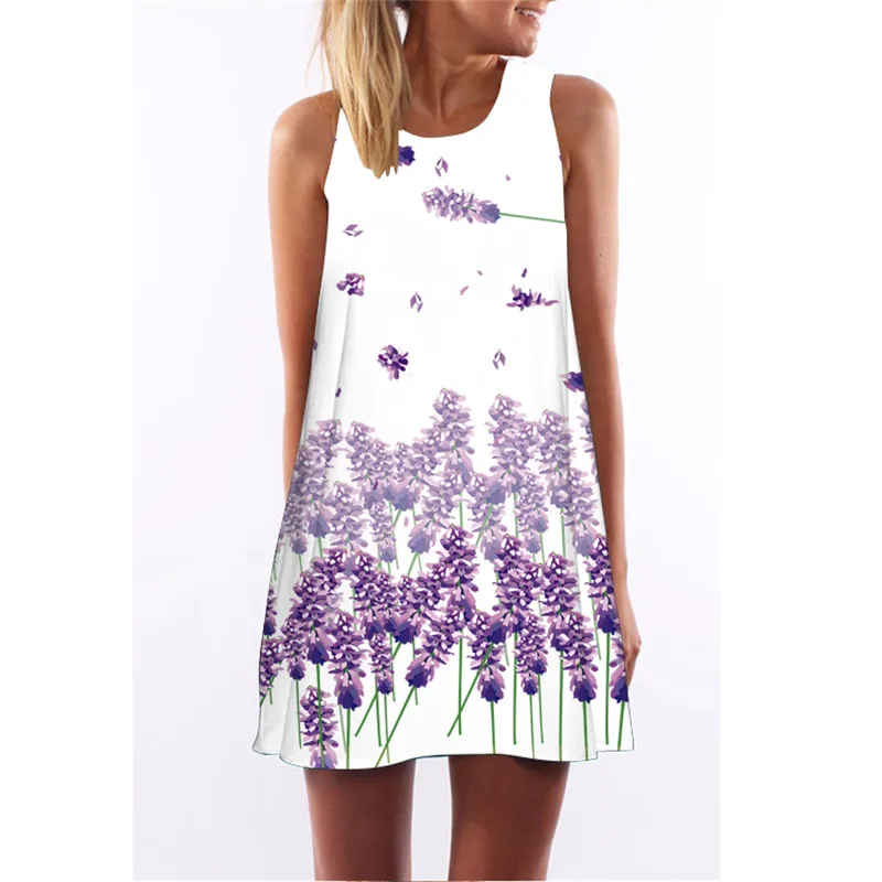 

MEIBONA Summer Dress Women Retro Lavender Printed Mini Dress Lady Sleeveless Sexy O Neck A-line Beach Vest Dress