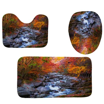 

4Pcs Home Bathroom Decor Set Bathroom Creek Pattern Toilet Seat Cover Bath Mat Set+Waterproof Shower Curtain