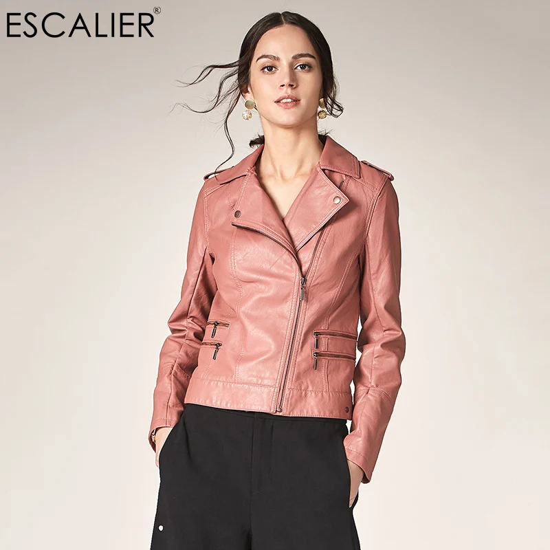 

Escalier Motorcycle Leather Jacket Women Casual Long Sleeve Slim Coat Fashion PU Leather Turn-down Collar Bomber Jacket