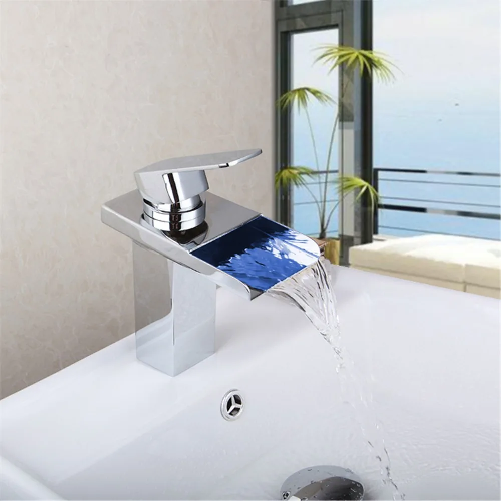 

Bathroom Faucet Brass Chromed Waterfall Bathroom Basin Faucets Color Change Led Tap Water Power Basin led Mixer Led Faucet