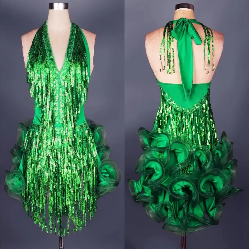 latin dance dress green professional costume for women fringe samba costume colorful womens ballroom competition dresses tassels