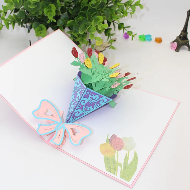  3D Laser Cut Handmade Tricolor Tulip Paper Invitation Greeting Cards Blessing Card Mother's Day Tea - 32891062871