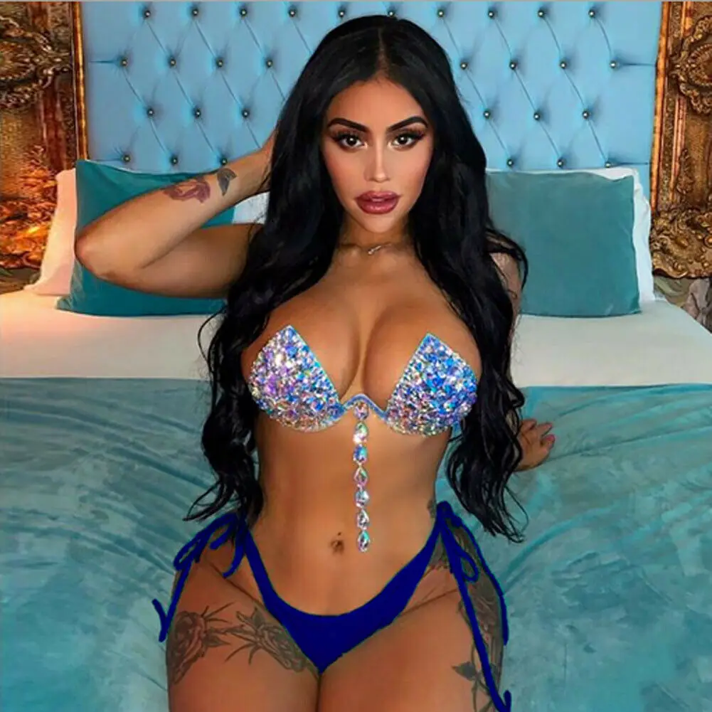 

Women Sequin Rhinestone Crystal Diamond Push-up Bikini Set Swimsuit Swimwear Summer Bottoms Thong Bathing Suit Bandage Beach