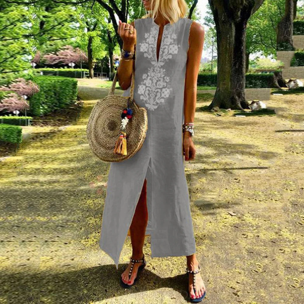 2018 Women Sexy V-Neck Cotton Linen Blend Sleeveless Loose Casual Split Long Shirt Dress