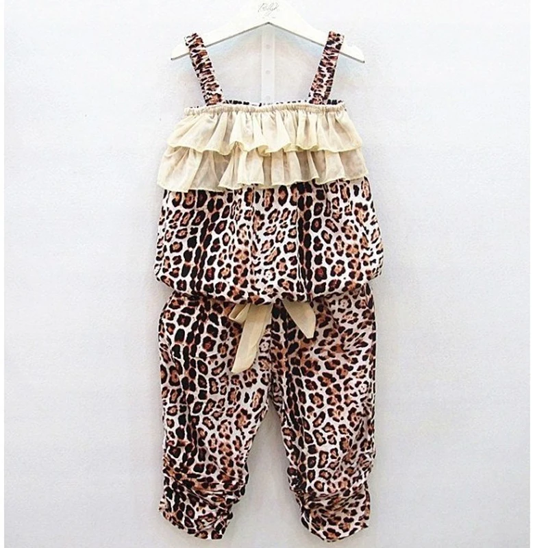 2016 New Cute Baby Girls leopard Clothes Set Summer Sleeveless Shirt