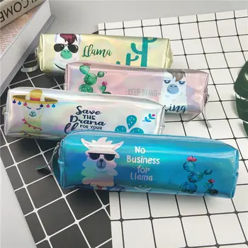 

Coloffice Leather New Cute Alpaca Laser Pencil Bag Cosmetic Makeup Bag Pouch Student Personality Pencil Case Office Supplies 1PC