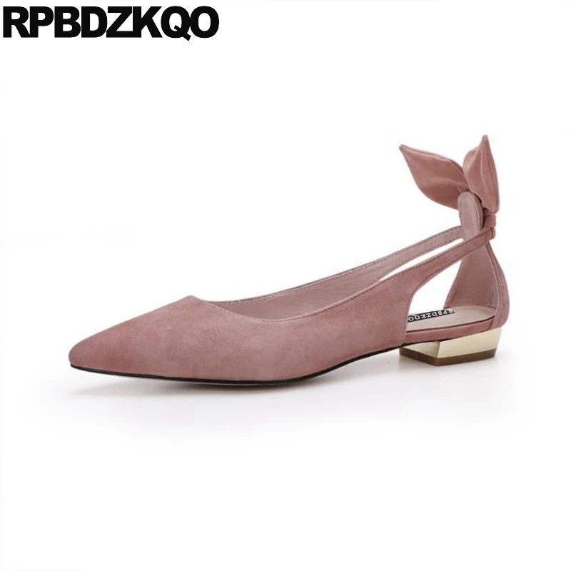 

black slip on chinese pointed toe women flats shoes with little cute bowtie ladies bow suede beautiful genuine leather pink real