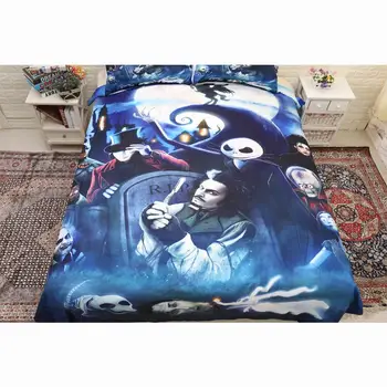 

Cartoon 3D Nightmare Before Christmas Bedding Set 3PCS Blue Night Moon And Sugar Skull Duvet Cover Set Home Textile Bedspread