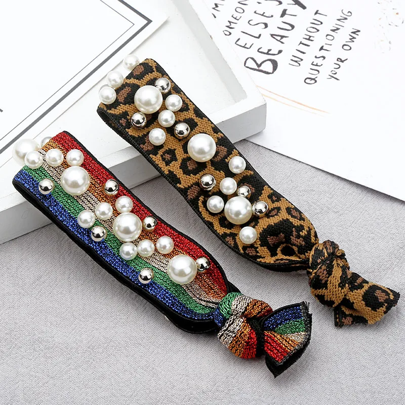 

Bohemian Leopard Print Elastic Pearls Beaded Hair Bands for Women Girls Ponytail Holder Scrunchies Headband Hair Accessories Tie