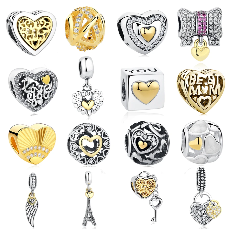 

Fashion Beads Fit Pandora Charm Silver 925 Original Gold Color Eiffel Tower Wings Love Heart Bead DIY Bracelet Jewelry Making